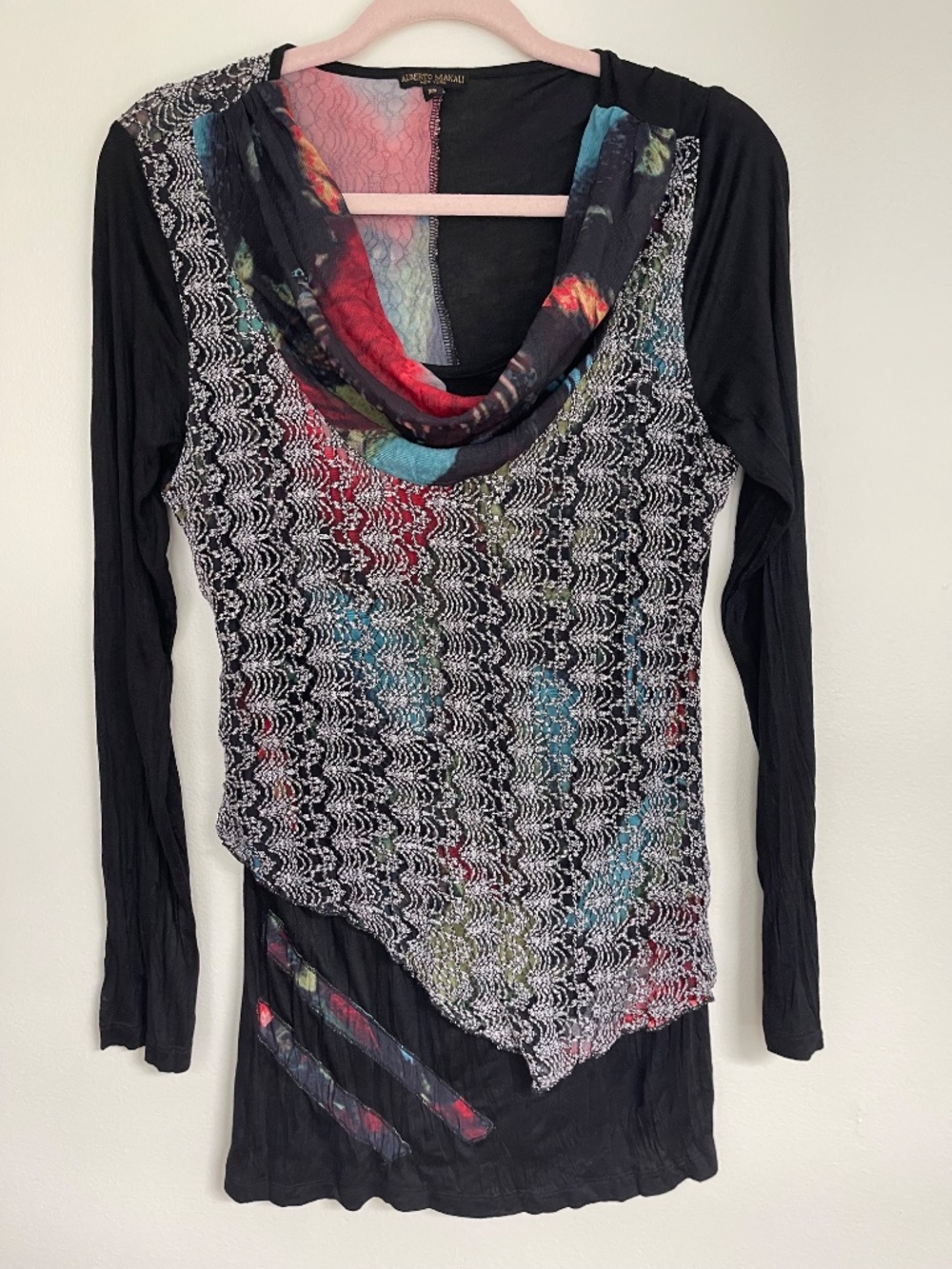 Alberto Makali Y2K Floral Mesh Metallic Knit Long Sleeve Tunic Top XS Black